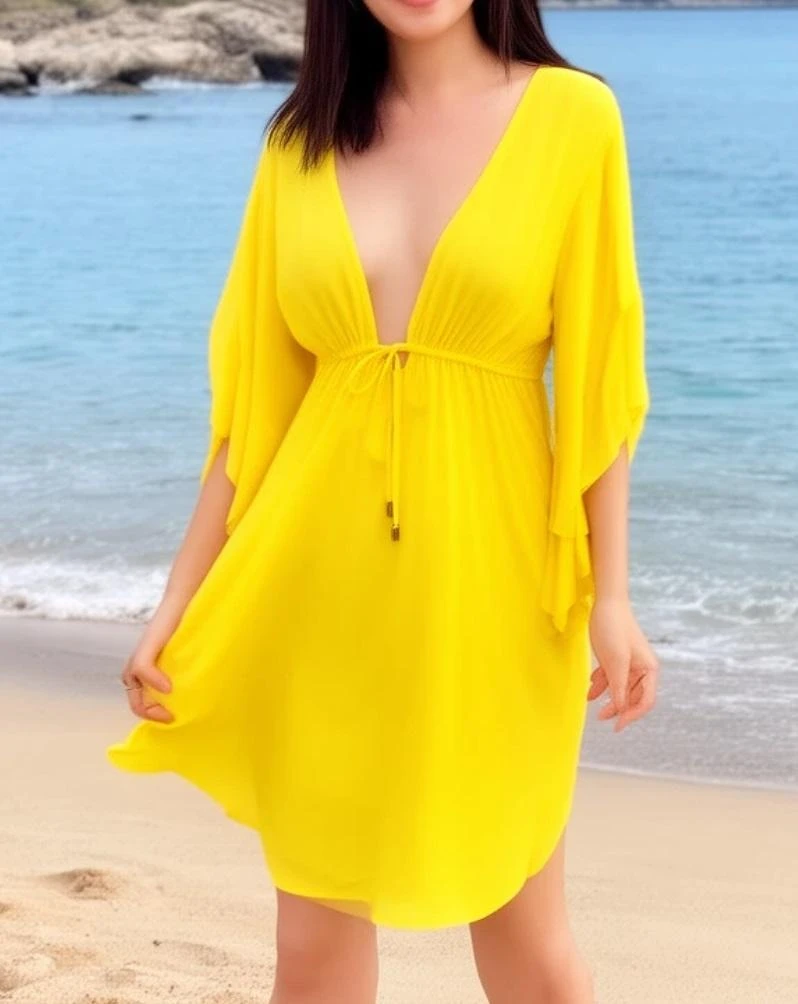 🌞 Long-sleeved yellow beach dress with ruffles – Size M – photo 7